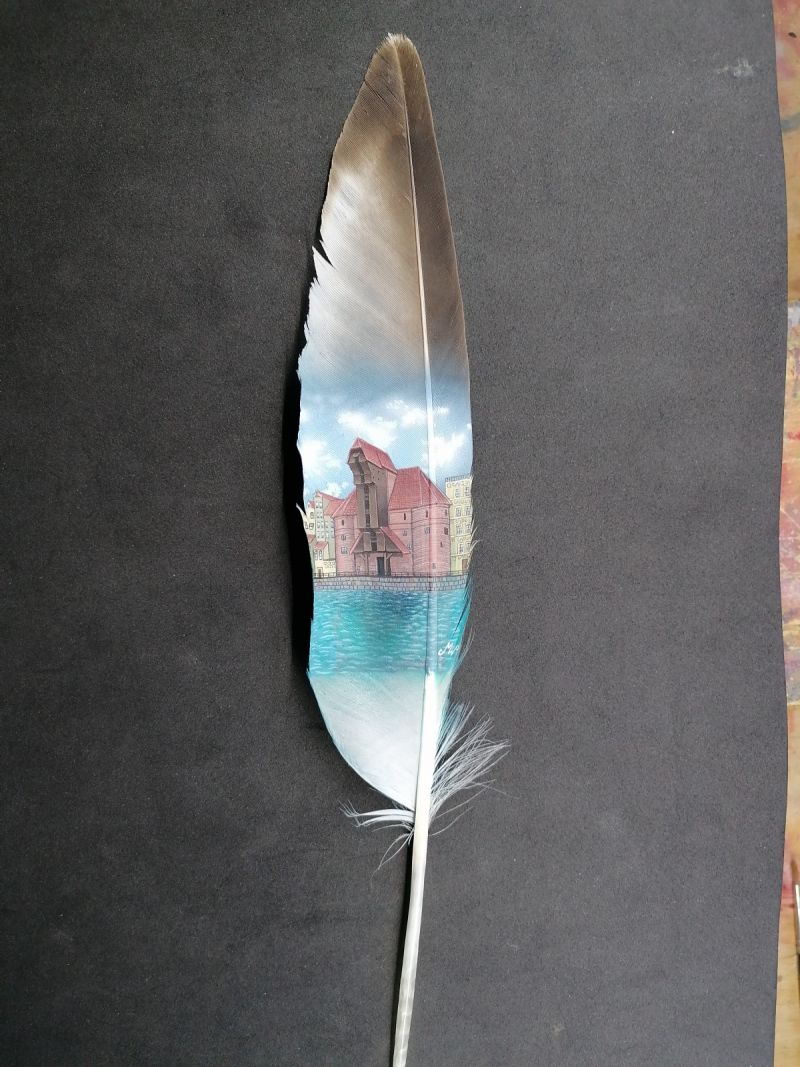 Freehand medieval crane port of Gdansk on seagull feather