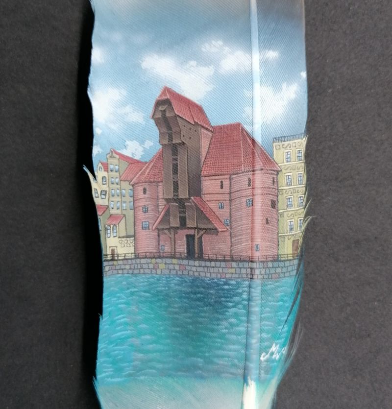 Freehand medieval crane port of Gdansk on seagull feather