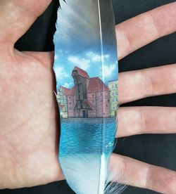 Freehand medieval crane port of Gdansk on seagull feather