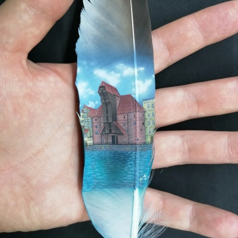 Freehand medieval crane port of Gdansk on seagull feather